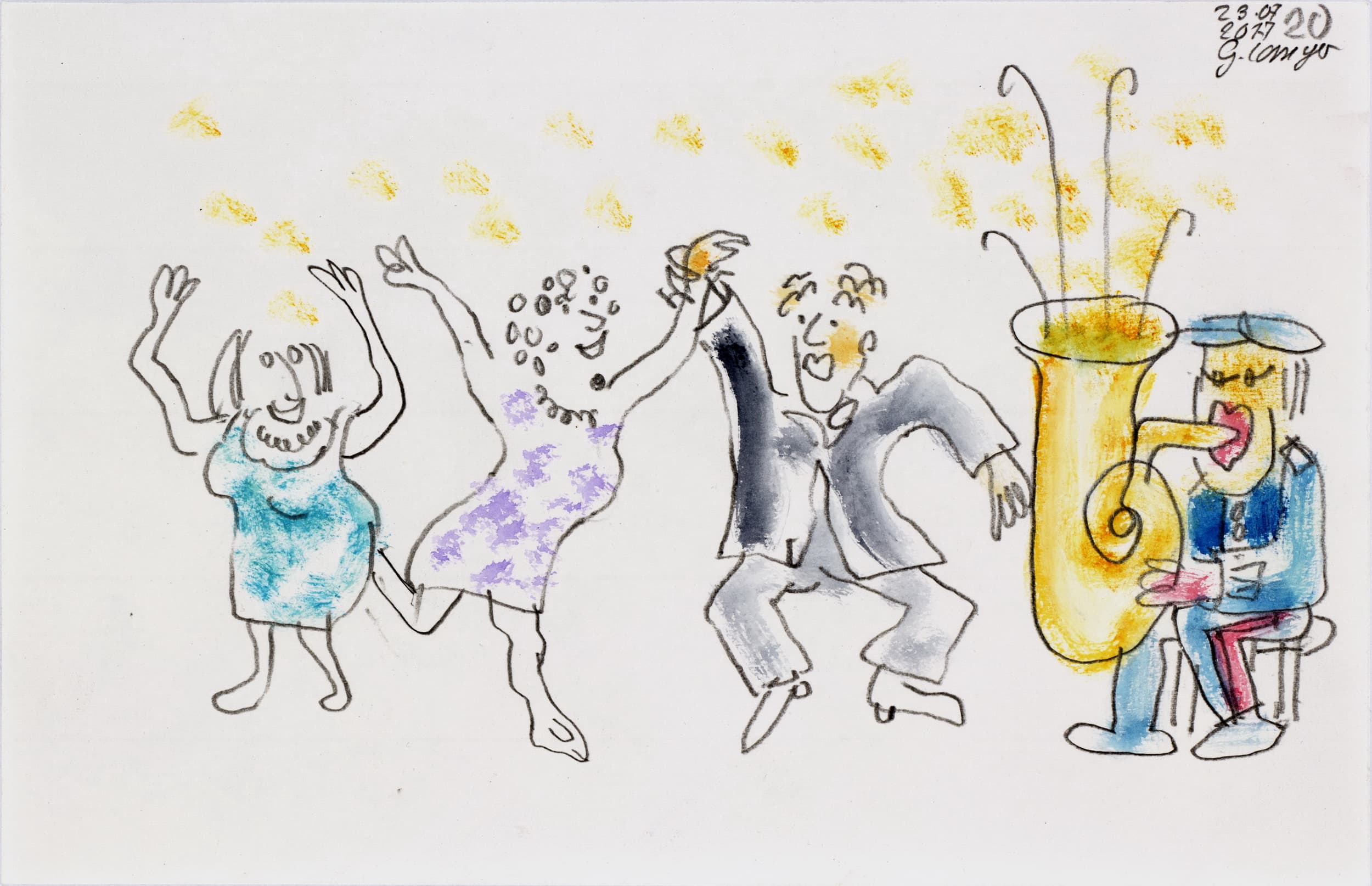 Gunter Langer, Karikatur Tanz, Illustration zur Kurzgeschichte "Sepp" von Olav Stoy, 2017, Gouache Wasserfarbe Bleistift, Karton, 19 x 29 cm